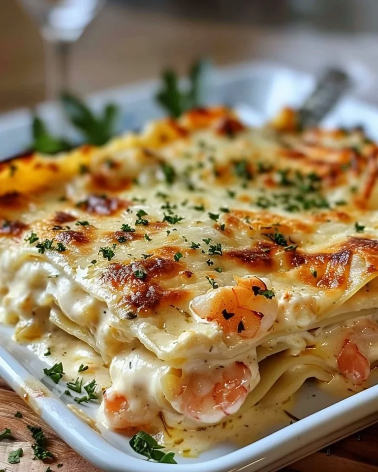 Creamy garlic seafood lasagna topped with lobster and shrimp, an easy dinner recipe.