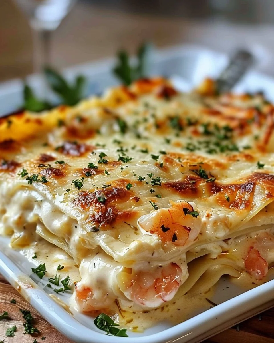 Creamy garlic seafood lasagna topped with lobster and shrimp, an easy dinner recipe.