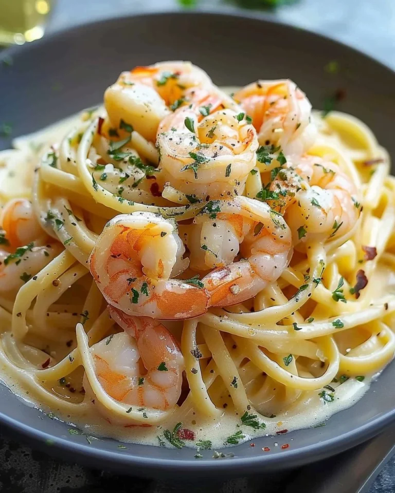 Creamy shrimp linguine served in a bowl, garnished with parsley and lemon.