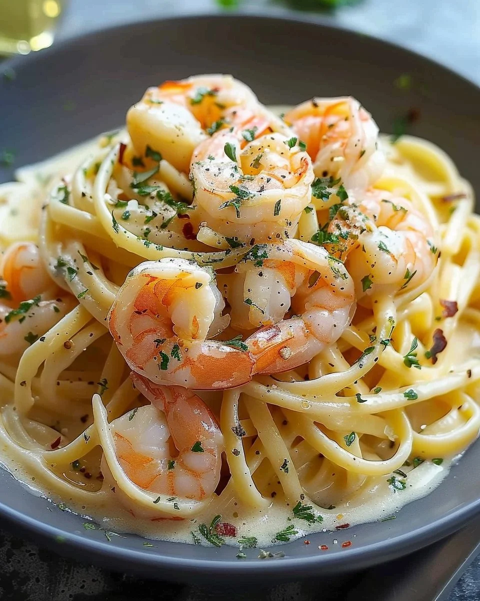 Creamy shrimp linguine served in a bowl, garnished with parsley and lemon.