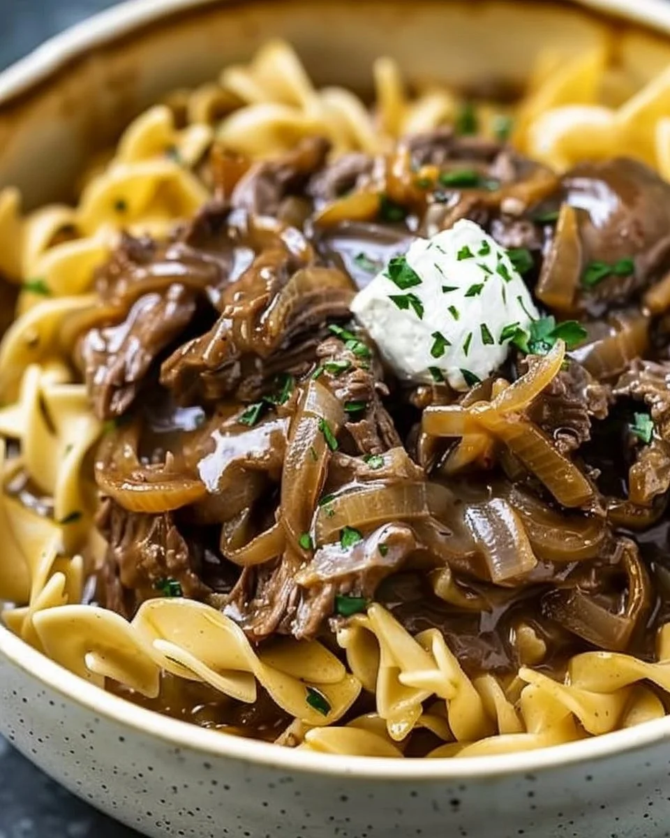 Crock Pot French Onion Beef and Noodles for Cozy Nights