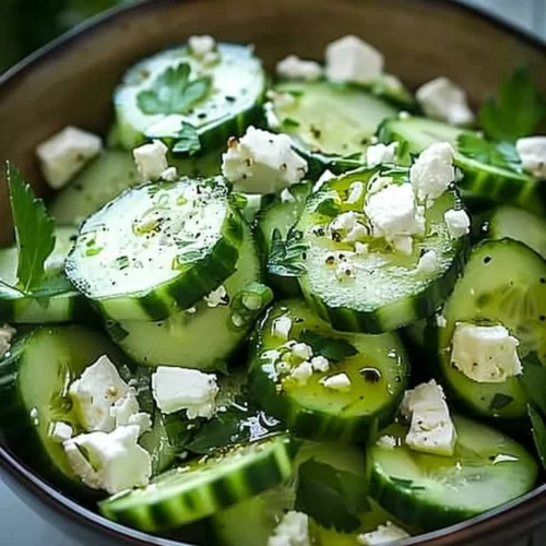 Freshly made Cucumber Feta Salad with herbs and vinaigrette