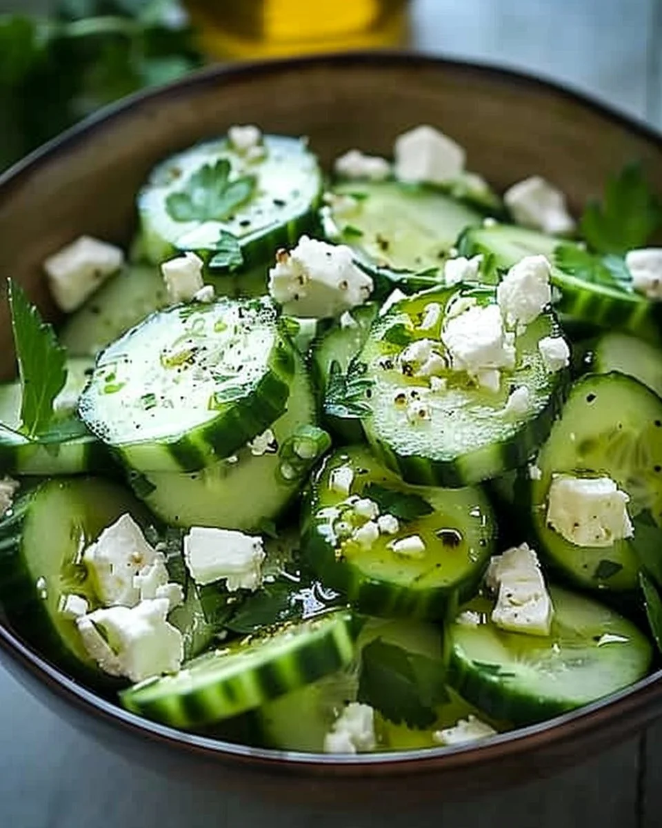 Freshly made Cucumber Feta Salad with herbs and vinaigrette