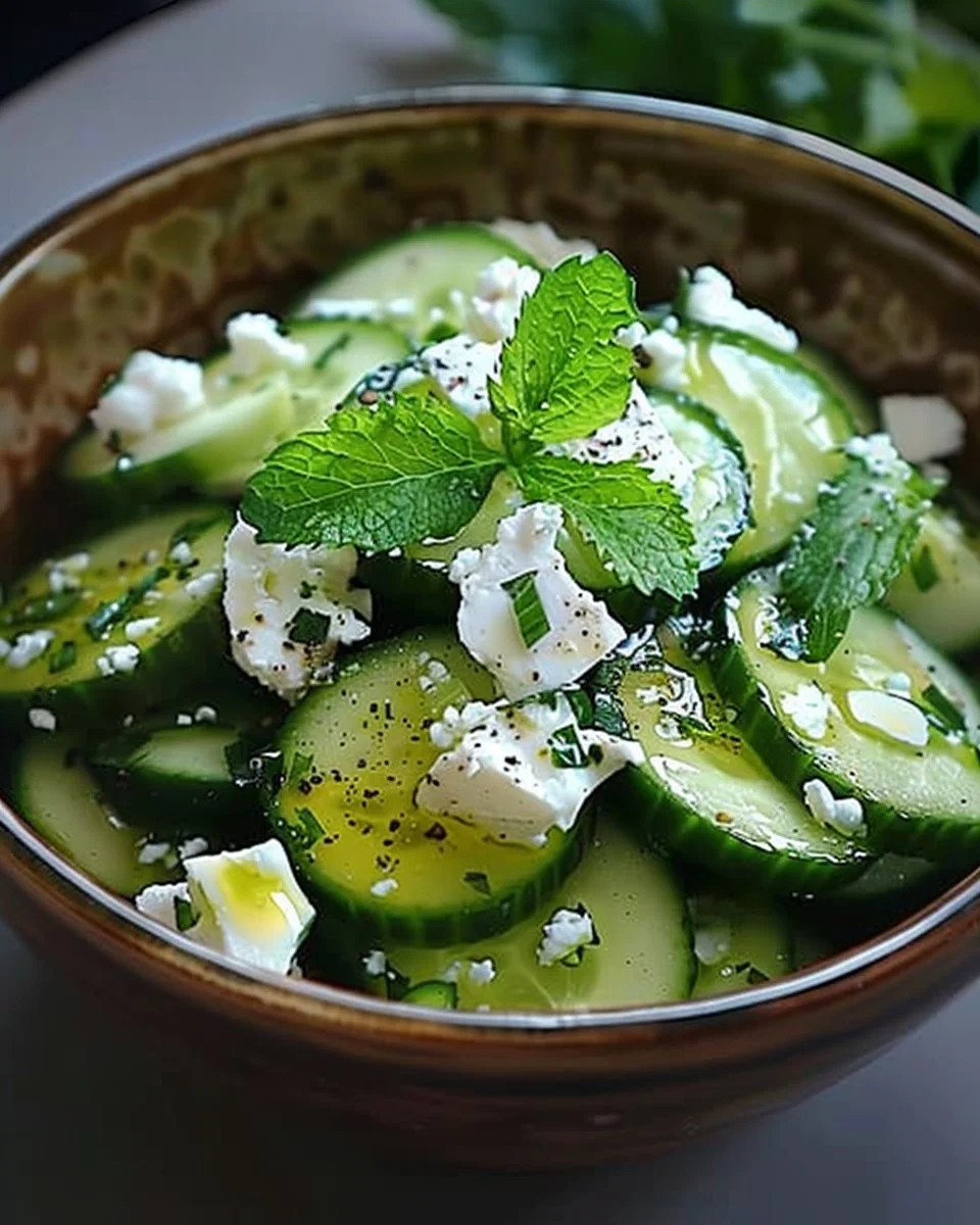 Cucumber feta salad in a bowl, showcasing fresh ingredients and vibrant colors.