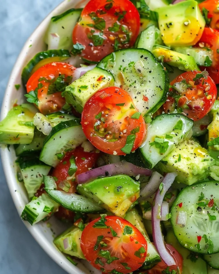 Cucumber Tomato Avocado Salad with fresh ingredients in a bowl