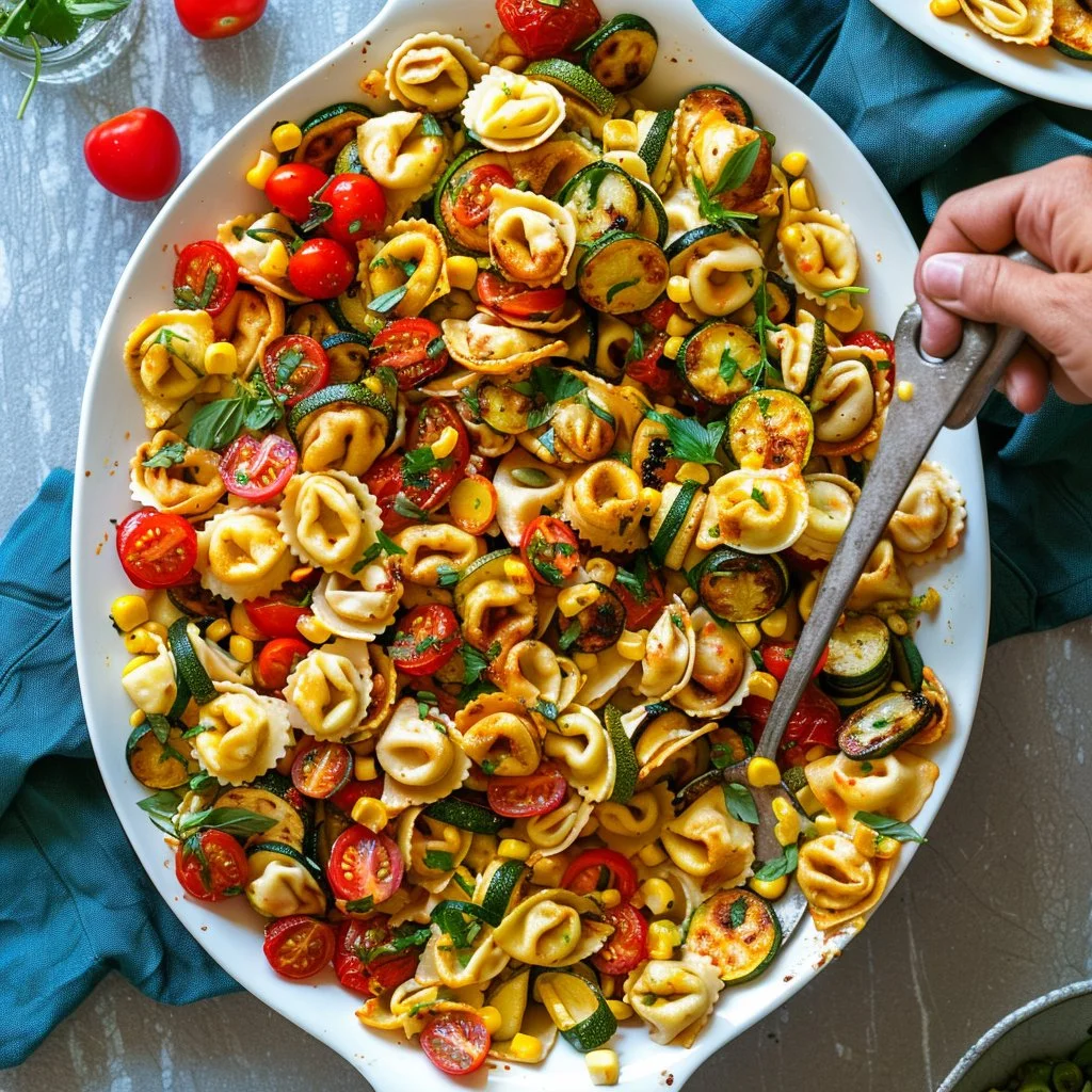 Delicious cheese tortellini served with colorful sautéed vegetables