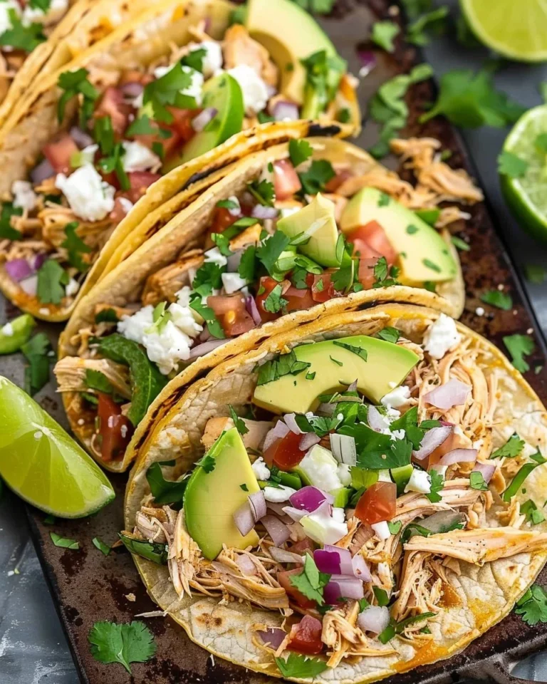 Delicious crockpot chicken tacos garnished with fresh toppings and served in soft tortillas.