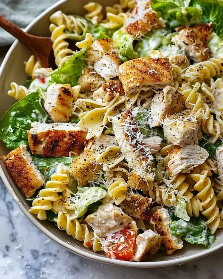 Delicious Chicken Caesar Pasta Salad in a bowl with fresh ingredients