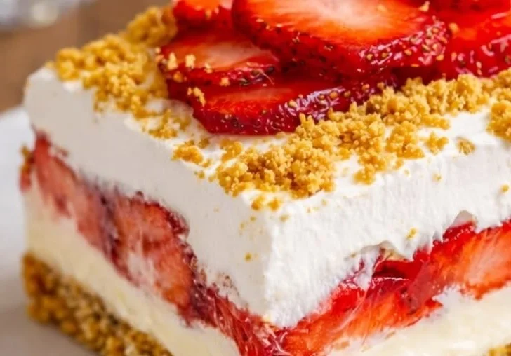 Easy summer strawberry dessert recipe featuring fresh strawberries and light cream.