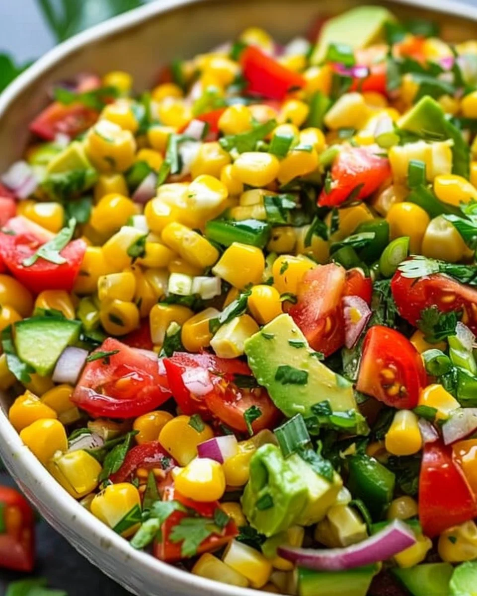 Fresh corn salad with colorful vegetables and herbs in a bowl
