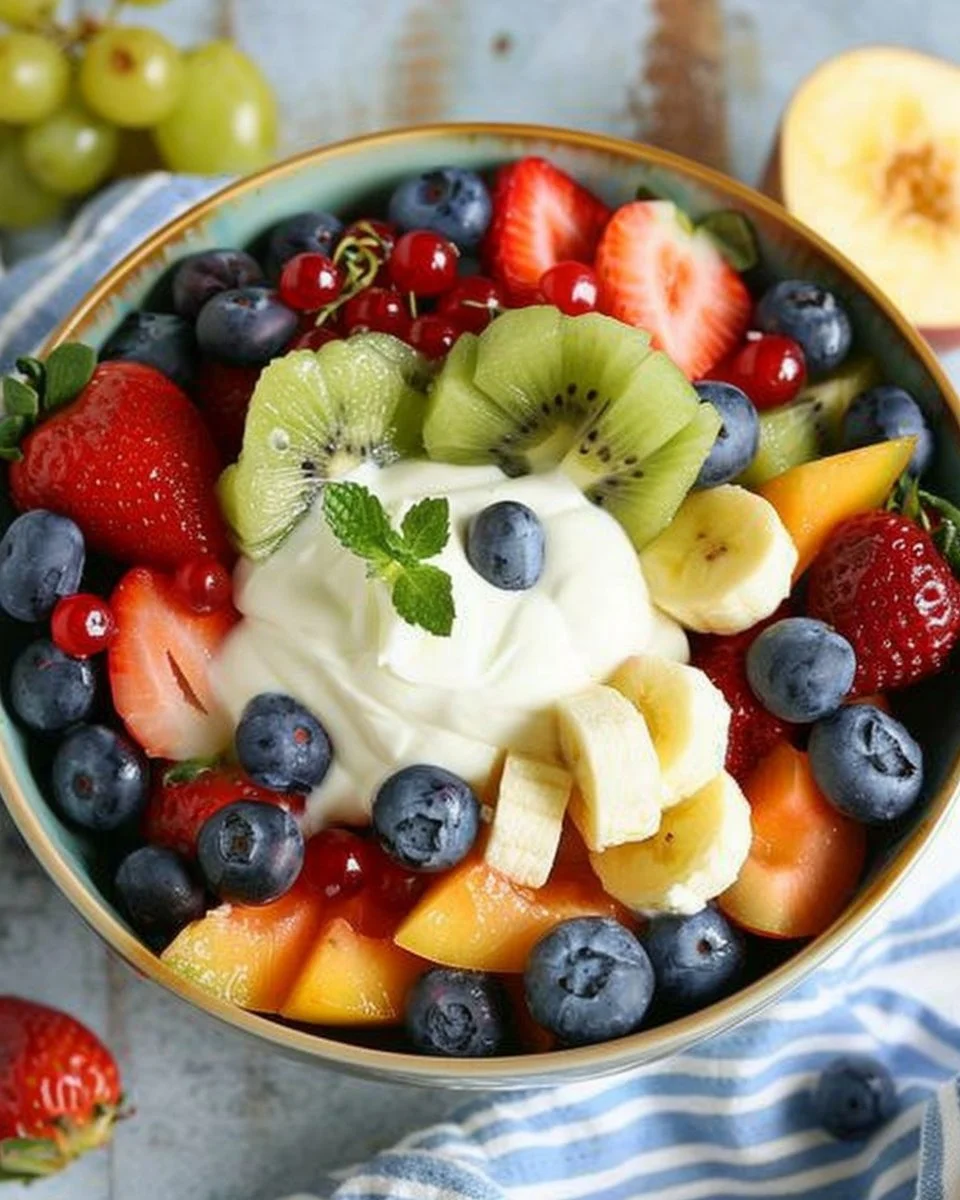 Colorful fruit salad topped with creamy yogurt dressing