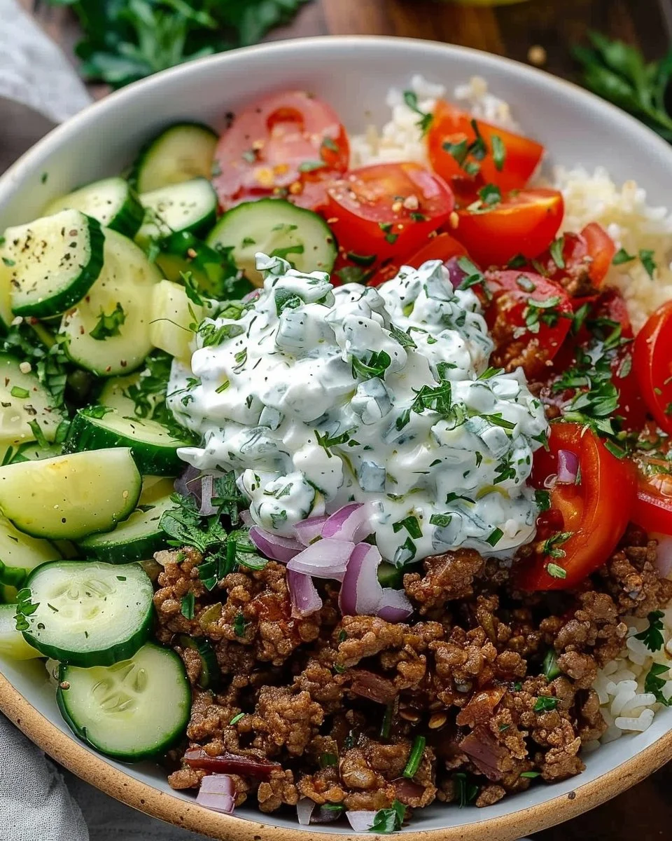 Greek Ground Beef Bowl with Tzatziki served in a vibrant dish