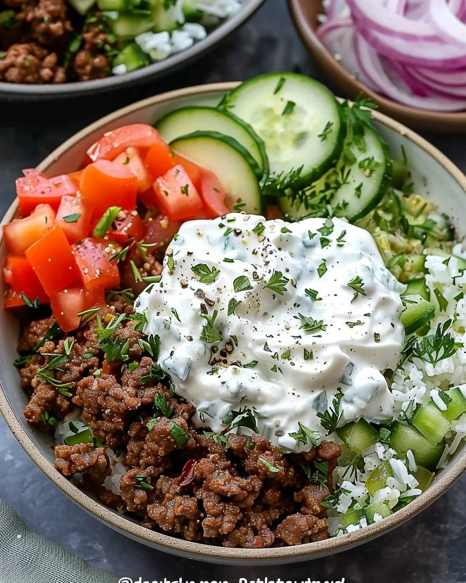 Greek Ground Beef Bowl with Tzatziki