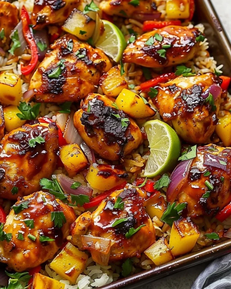 Delicious Hawaiian Chicken Sheet Pan Dinner with colorful vegetables