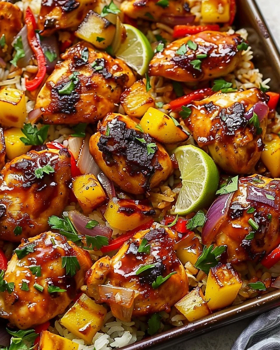 Delicious Hawaiian Chicken Sheet Pan Dinner with colorful vegetables