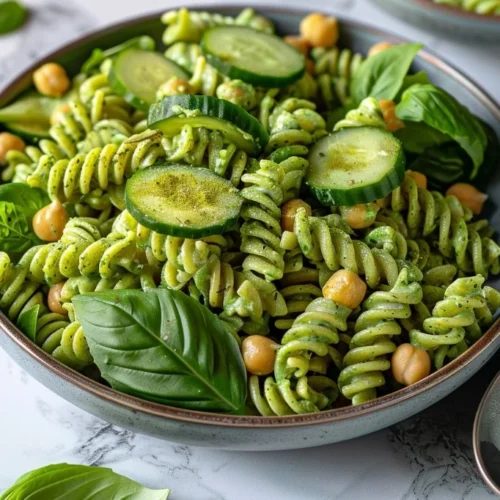 Creamy Green Goddess Pasta Salad with fresh vegetables and herbs