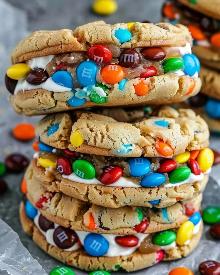 M&M ice cream cookie sandwiches stacked on a plate, perfect summer dessert.