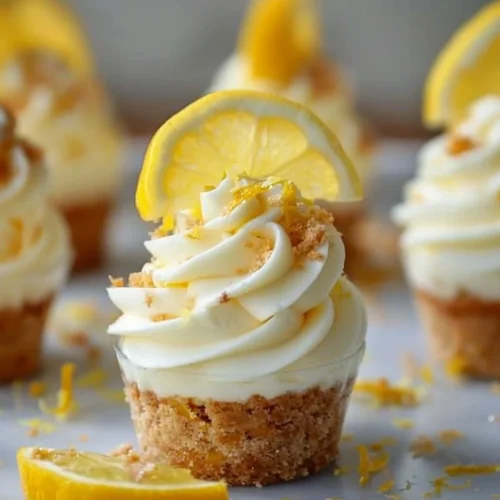 No bake mini lemon cheesecake cups topped with zesty lemon slices