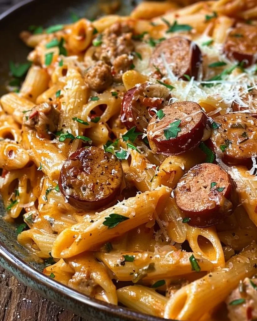 One-Pot Creamy Spicy Cajun Sausage Pasta in a bowl, ready to serve
