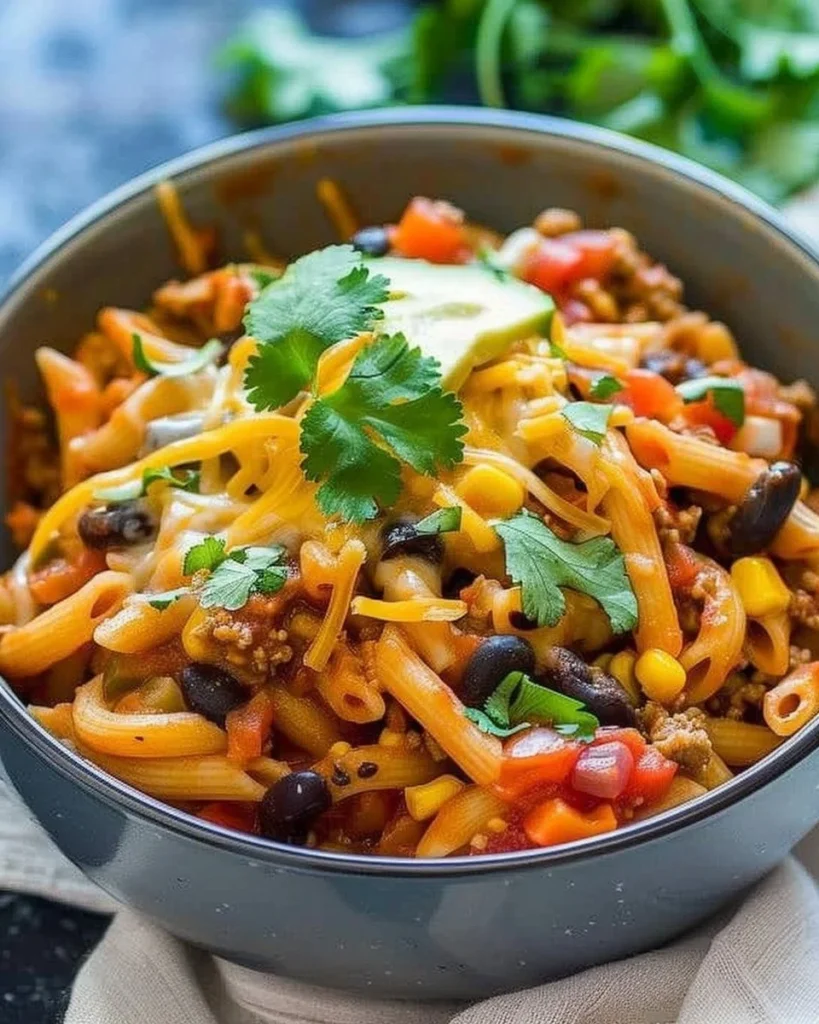 Bowl of One Pot Taco Pasta topped with cheese and cilantro