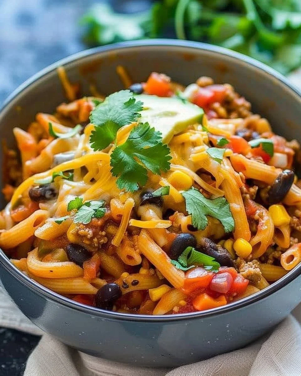 Bowl of One Pot Taco Pasta topped with cheese and cilantro