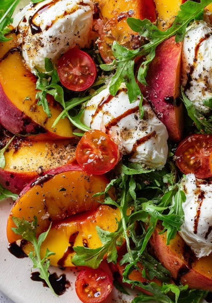 Peach Burrata Summer Salad with Fresh Herbs on a plate
