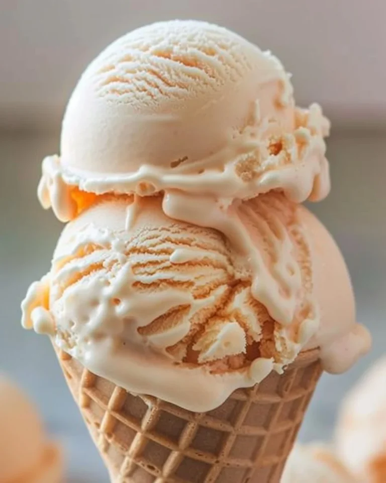 Deliciously creamy peach ice cream garnished with fresh peach slices