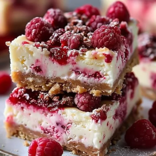 Delicious raspberry cheesecake bars on a white plate with fresh raspberries
