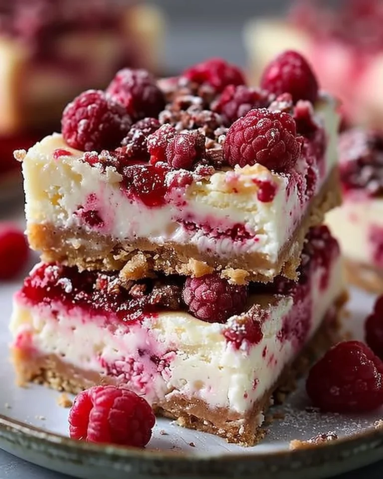 Delicious raspberry cheesecake bars on a white plate with fresh raspberries
