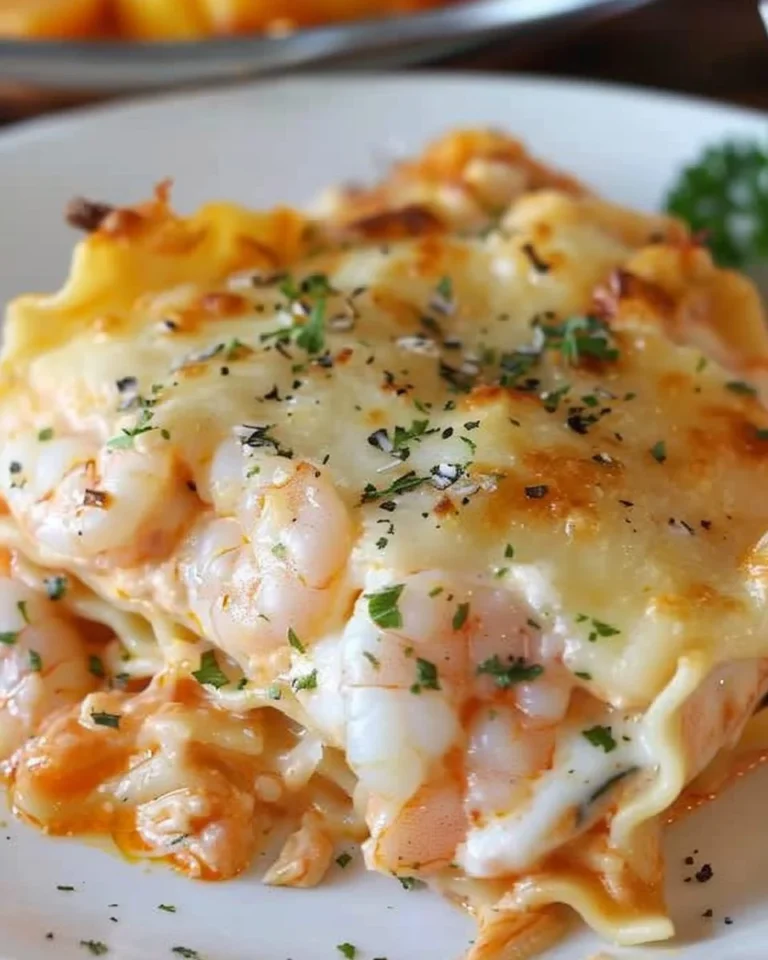 Delicious shrimp lasagna served in a dish, garnished with herbs.