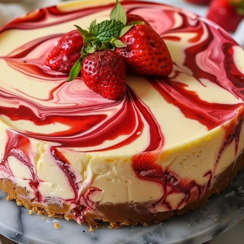 Delicious strawberry swirl cheesecake with a creamy finish and fresh strawberries.