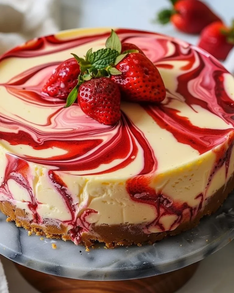 Delicious strawberry swirl cheesecake with a creamy finish and fresh strawberries.