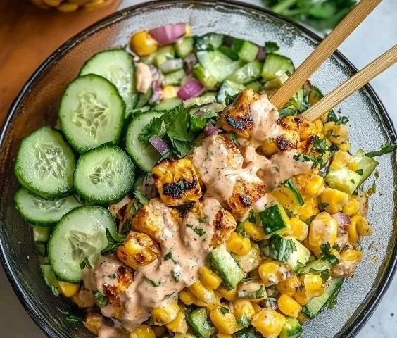 Creamy Cucumber Chicken Salad with street corn and fresh ingredients