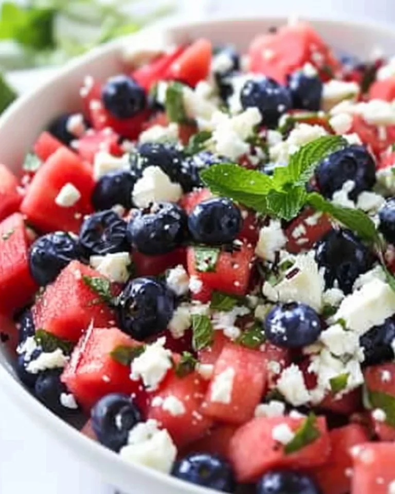 Fresh Watermelon Blueberry Feta Salad with mint and lime dressing