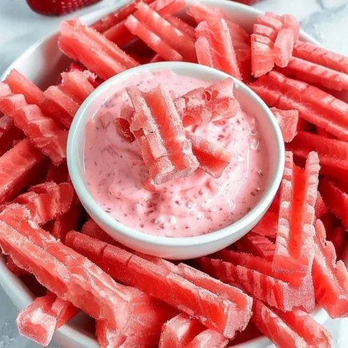 Watermelon fries served with strawberry yogurt dip on a plate