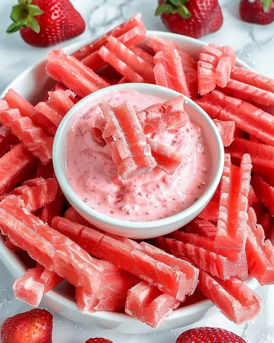 Watermelon fries served with strawberry yogurt dip on a plate