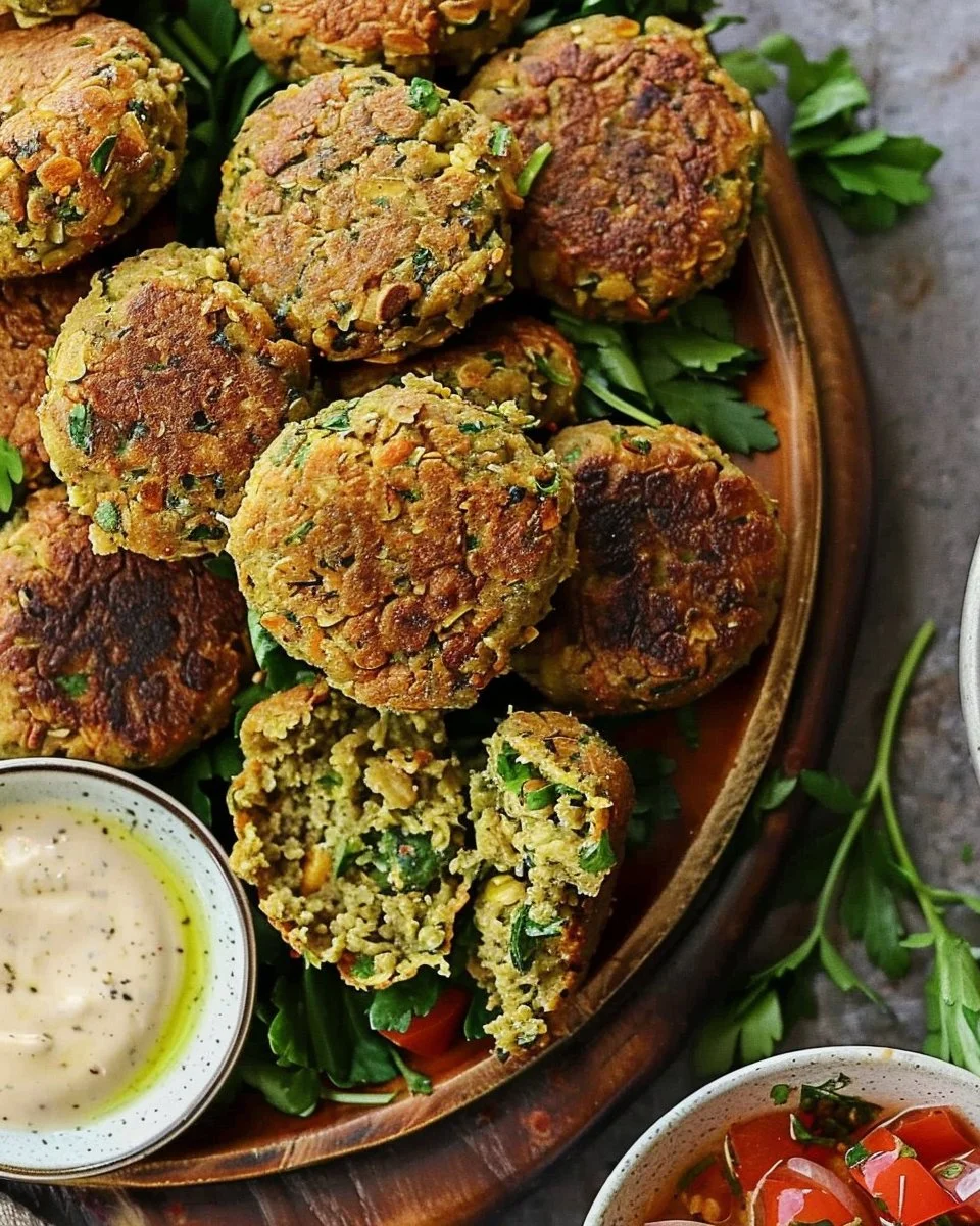 Homemade easy falafel served with fresh vegetables and tahini sauce
