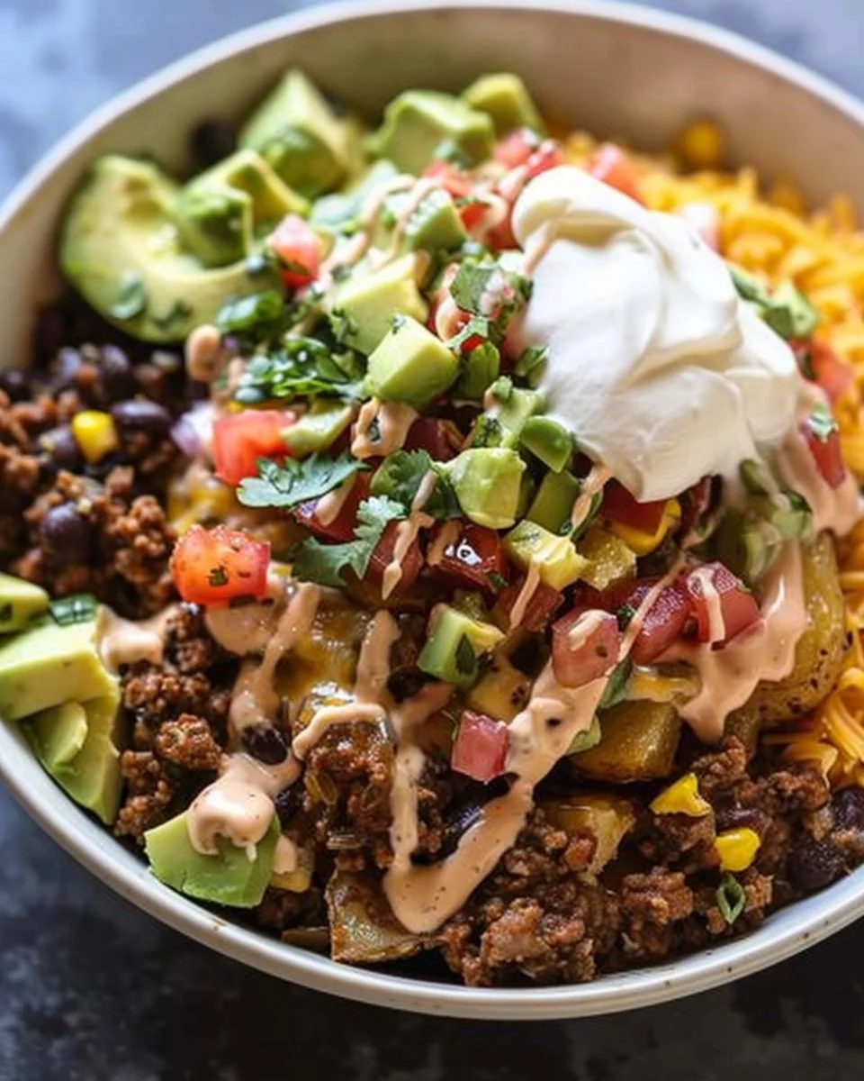 Delicious loaded potato taco bowl topped with fresh ingredients