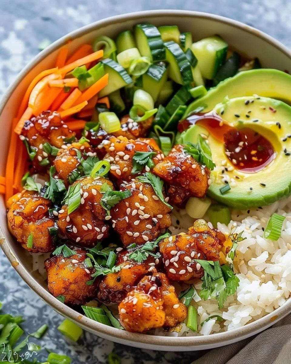 Delicious Spicy Honey Chicken Bowls garnished with fresh vegetables and sesame seeds.