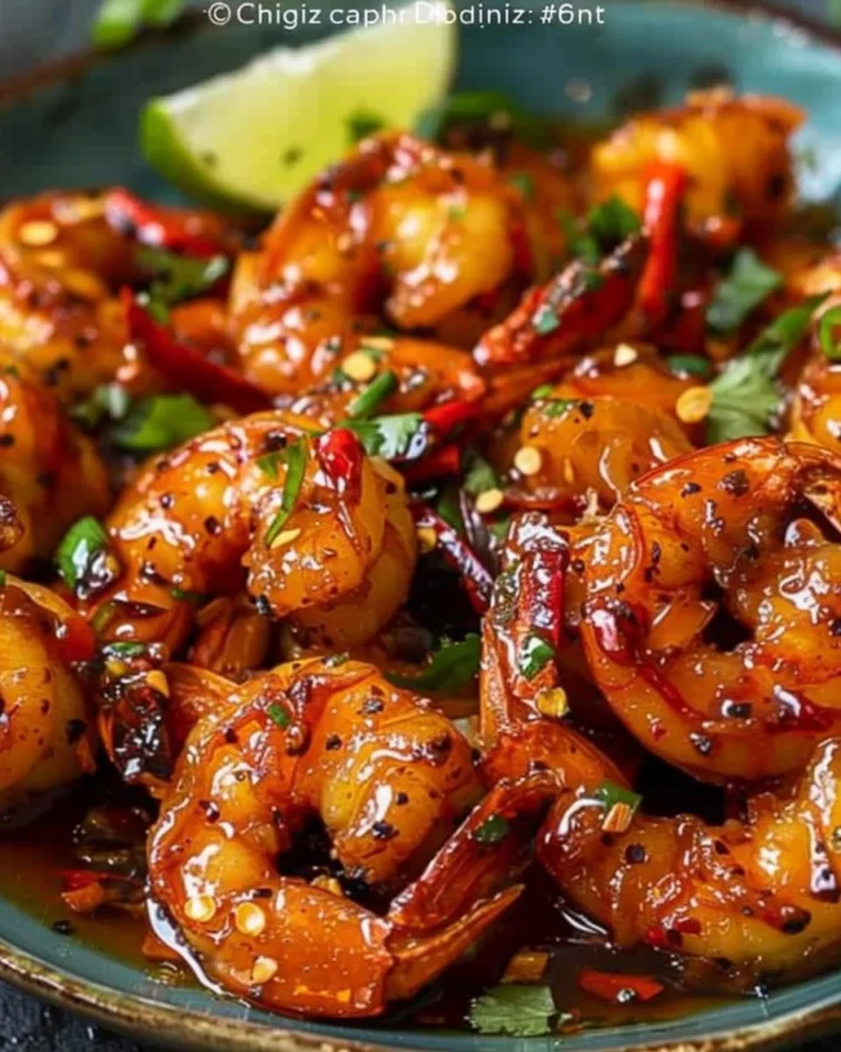 Delicious Asian Chilli Garlic Prawns served on a plate with fresh herbs
