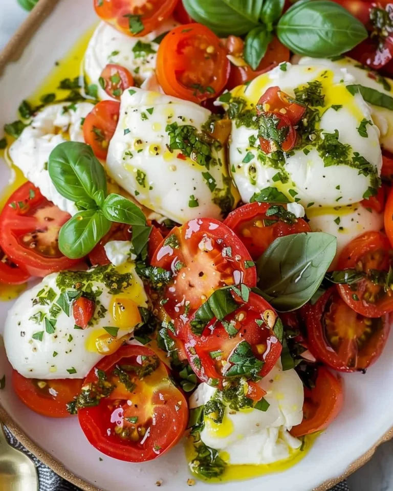 Burrata Tomato Salad with fresh basil and drizzled olive oil