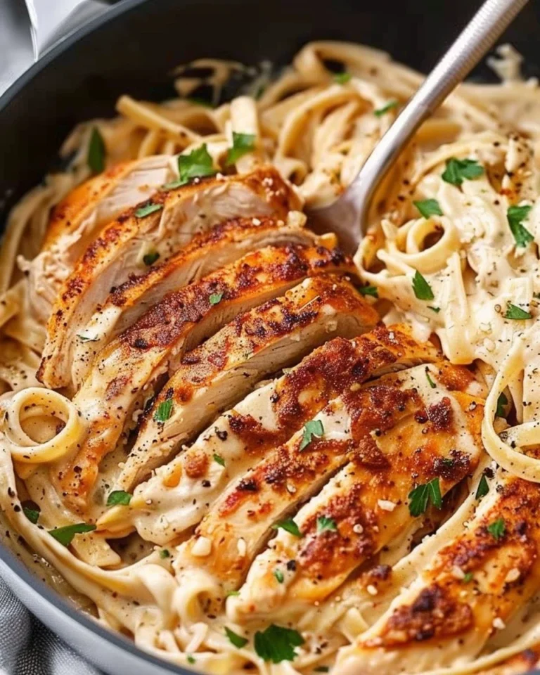 Creamy Cajun Chicken Alfredo served in a bowl with herbs and spices.