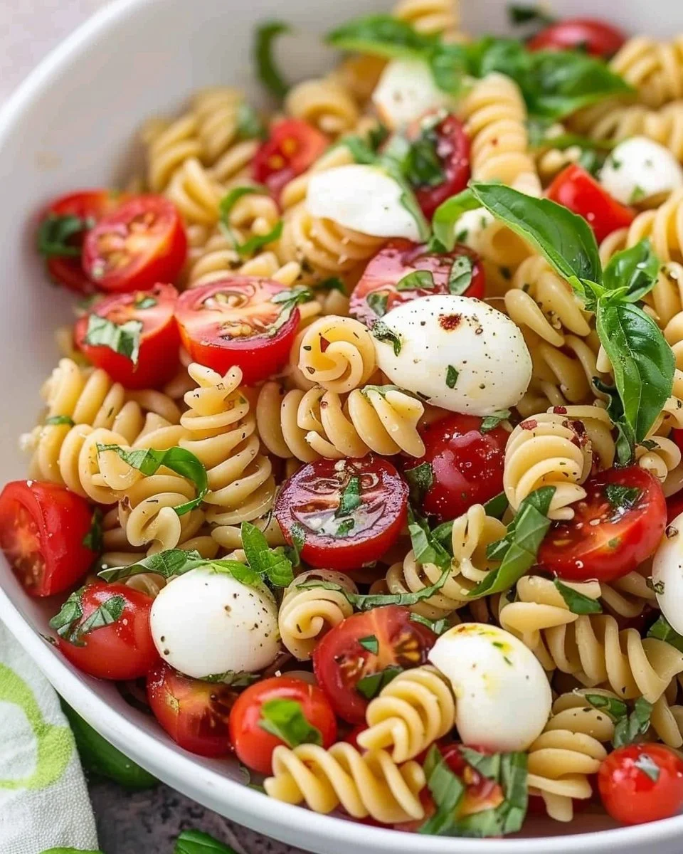 Delicious Caprese Pasta Salad with fresh basil, mozzarella pearls, and cherry tomatoes