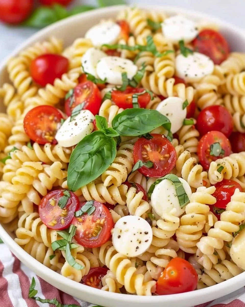 Caprese Pasta Salad with fresh basil, mozzarella pearls, and cherry tomatoes is delicious, filling and simple to make th… | Mozzerella pasta, Pasta recipes summer, Cold summer salads side dishes