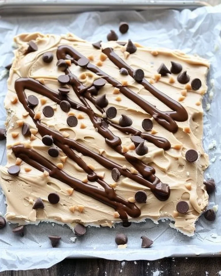 Chocolate Peanut Butter Frozen Yogurt Bark topped with nuts and swirls of chocolate.