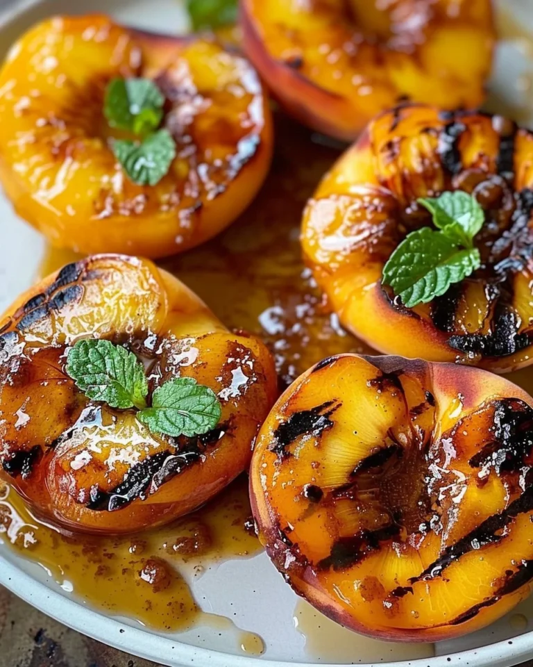 Cinnamon brown sugar grilled peaches presented on a plate with a delicious glaze