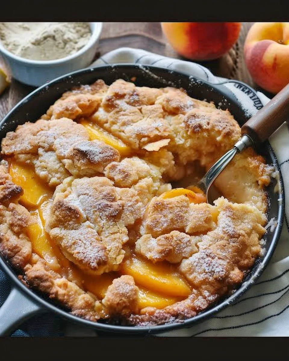 Delicious Classic Southern Peach Cobbler with fresh peaches and golden crust