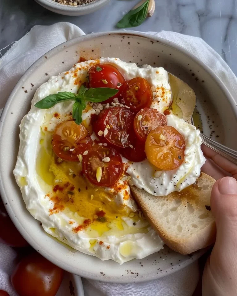 Creamy honey ricotta topped with saffron tomato-garlic confit on a rustic plate