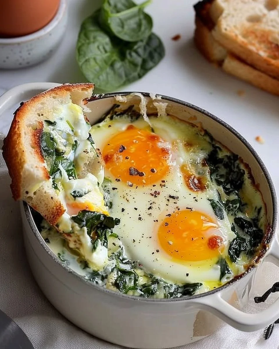 Creamy spinach baked eggs in a dish, garnished with fresh herbs