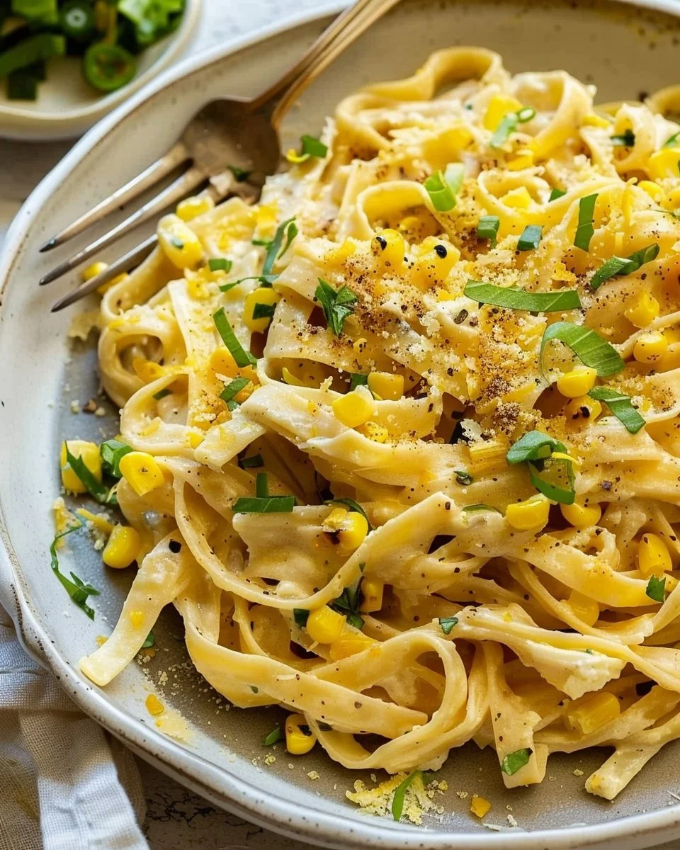 Creamy sweet corn pasta with brown butter ricotta served in a bowl